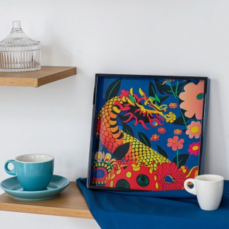 Blue square lacquer tray with the gold dragon  25.5x25.5 cm